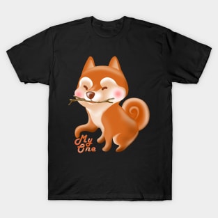 Shiba inu playing with wood stick T-Shirt